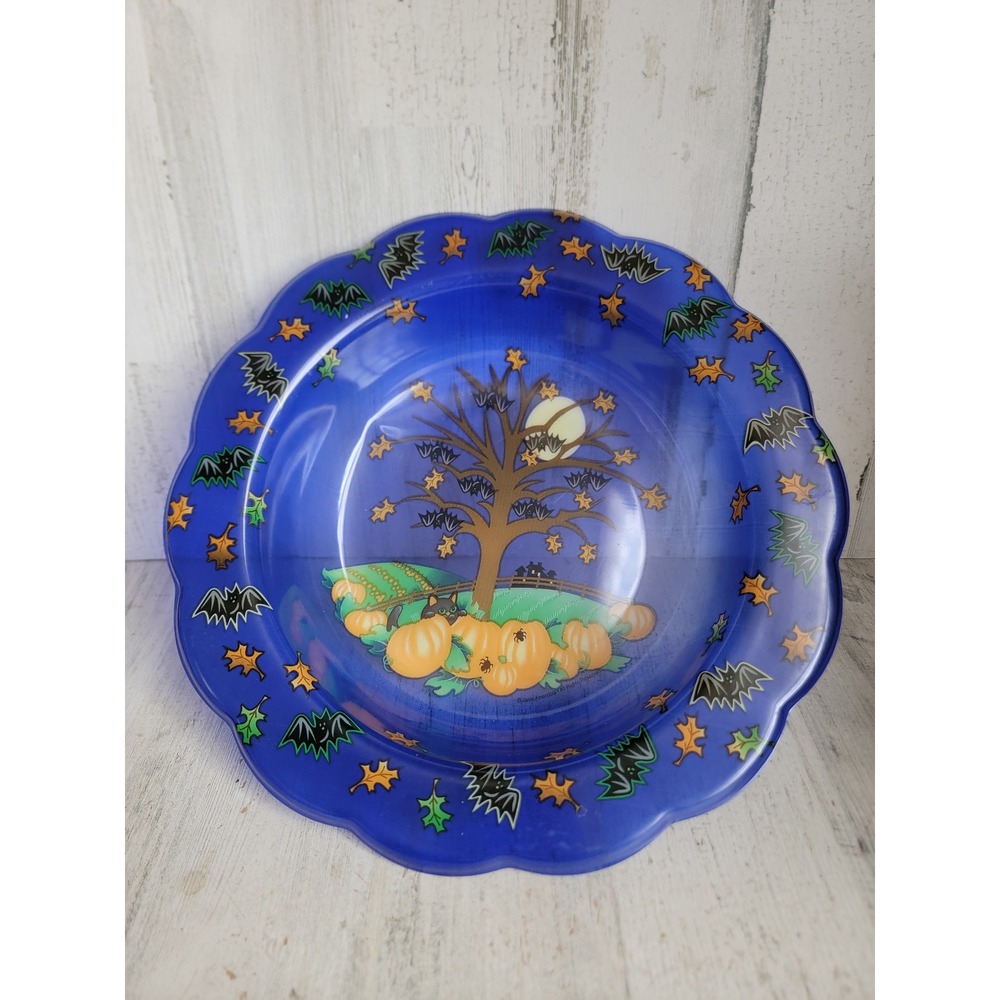 Vintage Halloween bowl blue candy bowl plastic haunted tree‎ bat